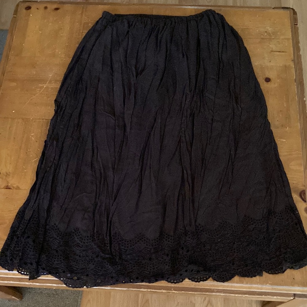 Brown Chico’s Broomstick Skirt with hem Floral detail